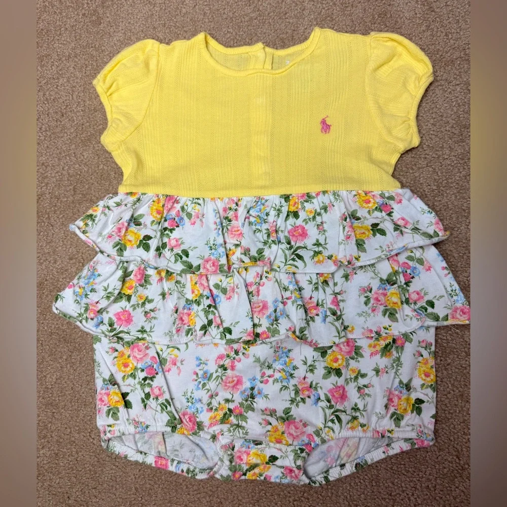 Ralph Lauren Baby Girls 24M Yellow Floral Ruffle‎ Bubble Romper Dress Pony Logo